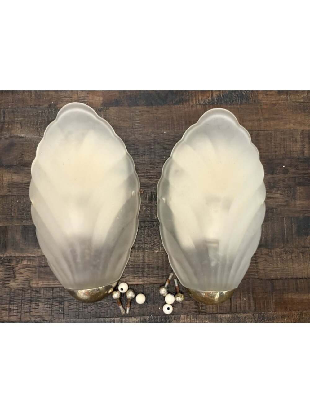 Vintage Art Deco White Frosted Shell Wall Sconces Glass Shade Slip Shade 1940’s
